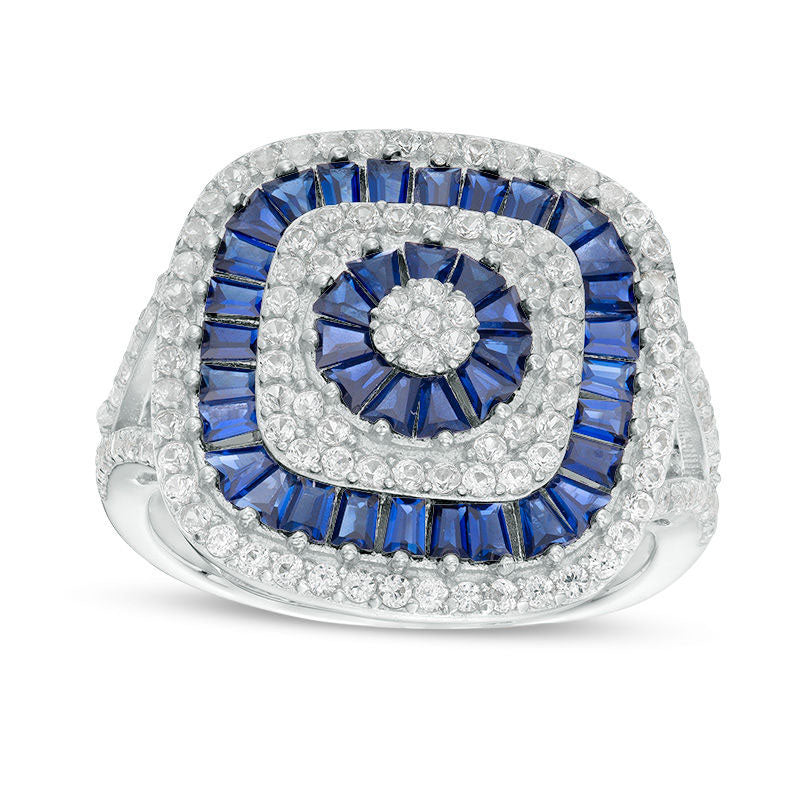 Lab-Created Blue and White Sapphire Multi-Row Art Deco Ring in S