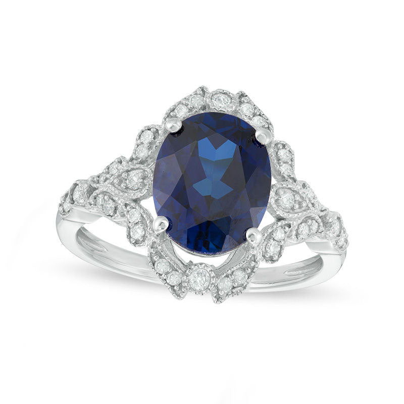 Oval Lab-Created Blue Sapphire and 0.20 CT. T.W. Diamond Antique Vintage-Style Frame Ring in Solid 1