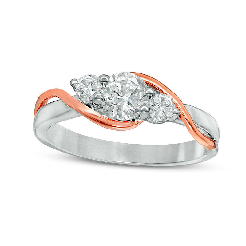 Lab-Created White Sapphire Three Stone Bypass Ring in Sterling Silver and Solid 10K Rose Gold