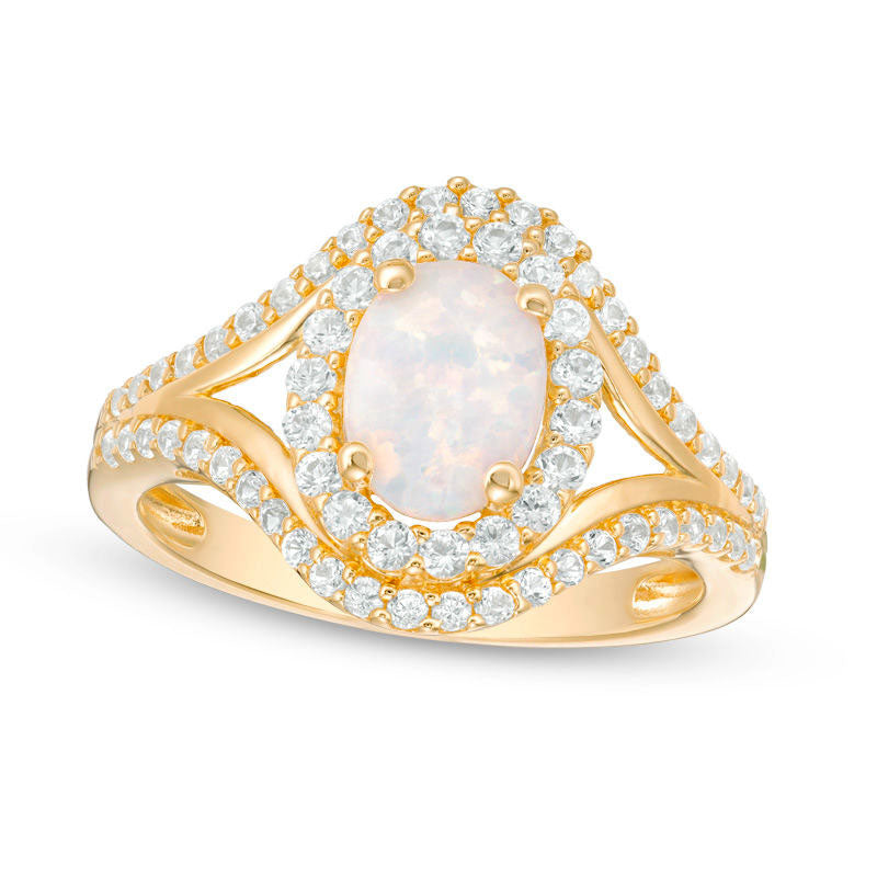 Oval Lab-Created Opal and White Sapphire Frame Open Shank Ring in Sterling Silver with Solid 14K Gol