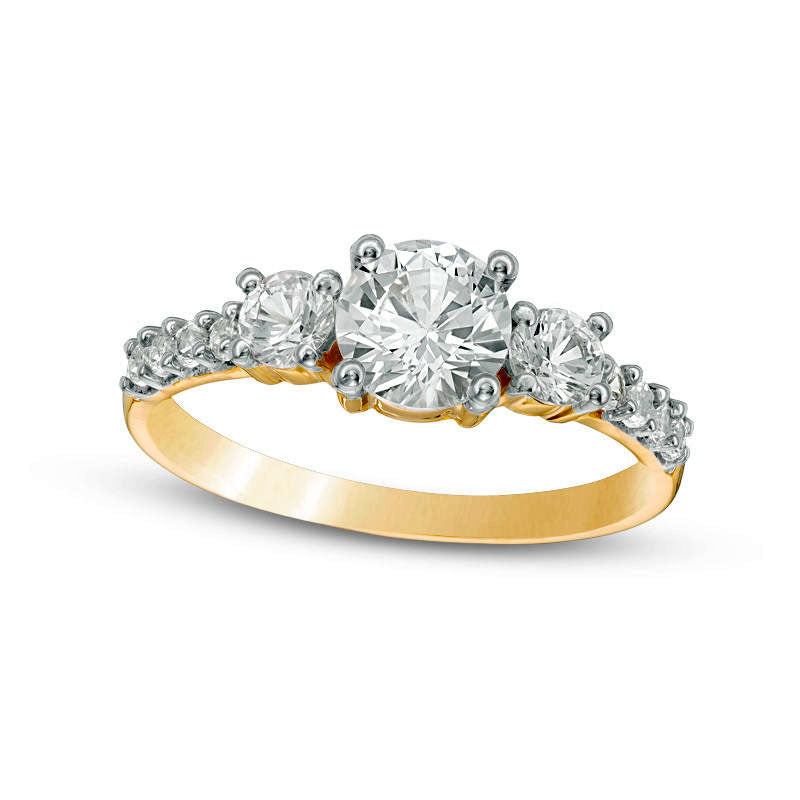 Lab-Created White Sapphire Three Stone Ring in Solid 10K Yellow Gold