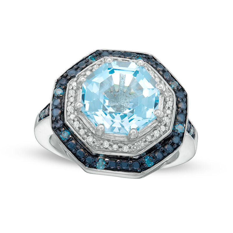 Blue Topaz and 0.17 CT. T.W. Enhanced Blue and White Natural Diamond Double Octagon Frame Ring in St