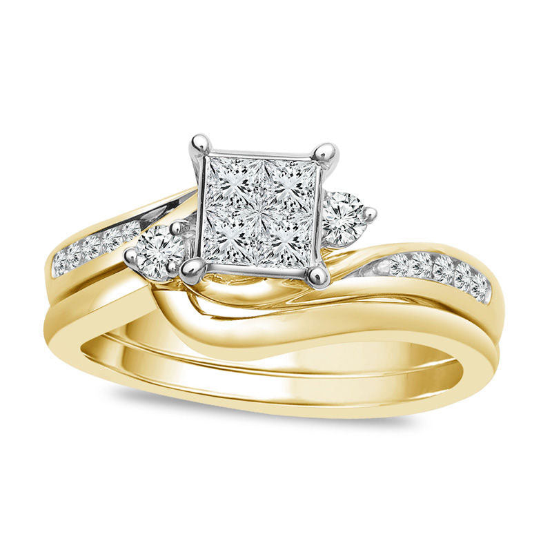 0.50 CT. T.W. Quad Princess-Cut Natural Diamond Bypass Bridal Engagement Ring Set in Solid 10K Yello