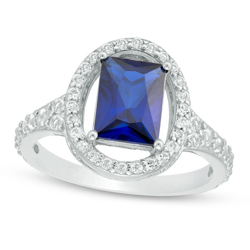 Emerald-Cut Lab-Created Blue Sapphire and White Topaz Oval-Shaped Open Frame Ring in Sterling Silver