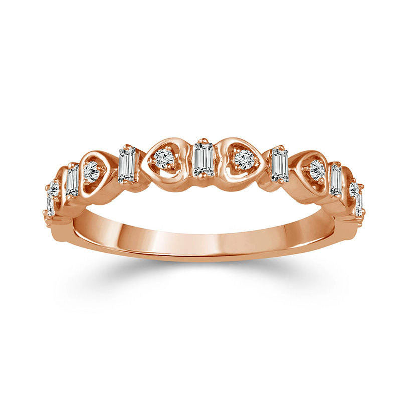 0.17 CT. T.W. Baguette and Round Natural Diamond Alternating Heart Stackable Band in Solid 10K Rose 