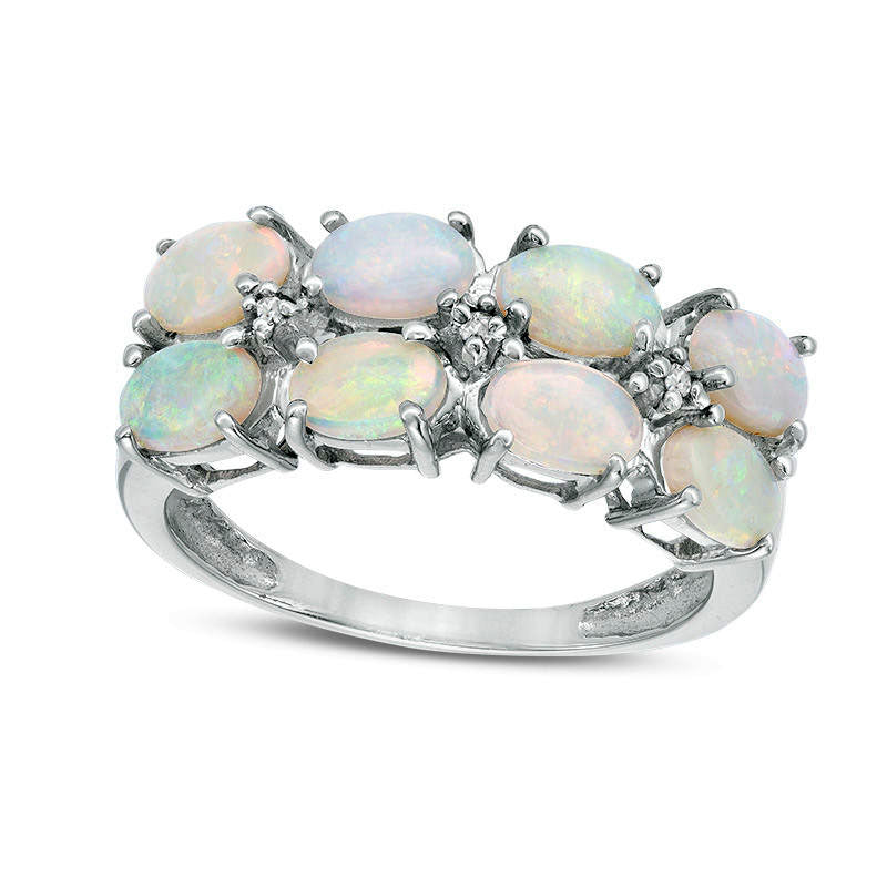 Sideways Oval Lab-Created Opal and Diamond Accent Double Row Ring in Sterling Silver