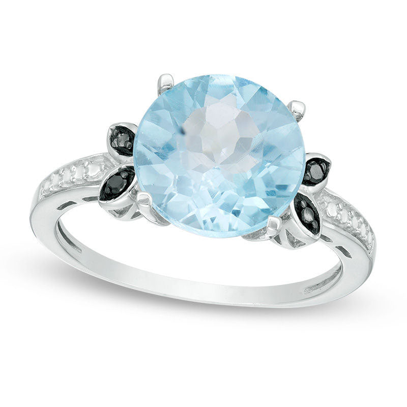 10.0mm Sky Blue Topaz and Enhanced Black Natural Diamond Accent Leaf Beaded Shank Ring in Sterling S