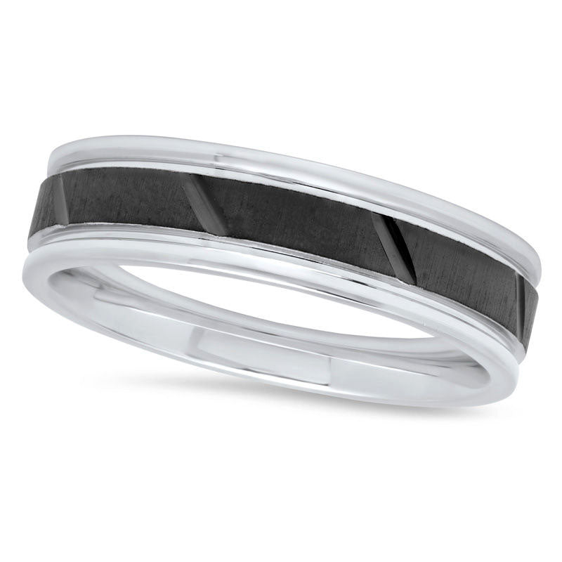 Men's 6.0mm Natural Diamond-Cut Slant Groove Center Wedding Band in Sterling Silver and Black Rh