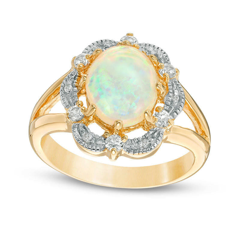 Oval Lab-Created Opal and White Sapphire Antique Vintage-Style Split Shank Ring in Sterling Silver w