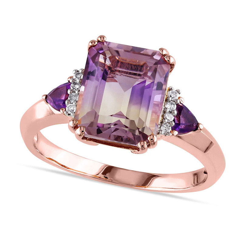 Emerald-Cut Ametrine, Trillion-Cut Amethyst and 0.05 CT. T.W. Natural Diamond Ring in Sterling Silve