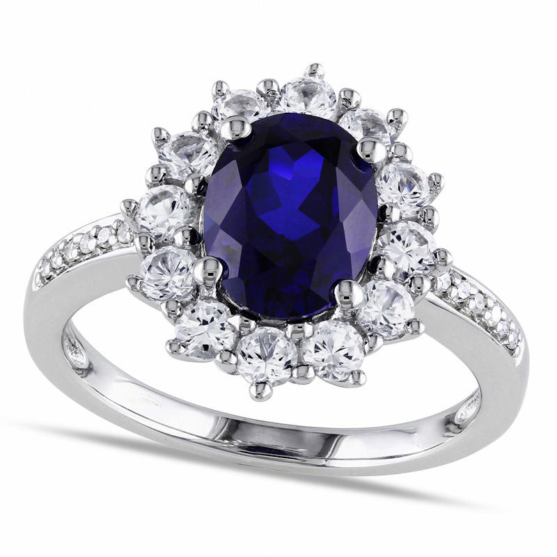 Oval Lab-Created Blue and White Sapphire Sunburst Frame Ring in Sterling Silver with Diamond Accents