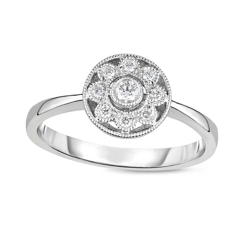 0.13 CT. T.W. Natural Diamond Flower Frame Antique Vintage-Style Promise Ring in Solid 10K White Gol