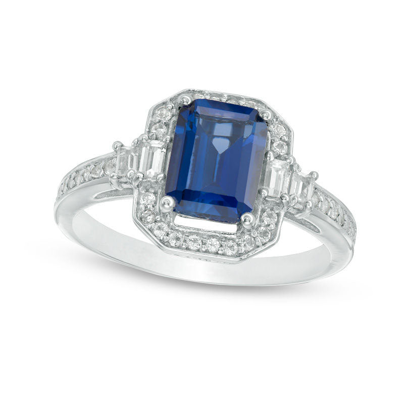 Emerald-Cut Lab-Created Blue and White Sapphire Frame Ring in Sterling Silver