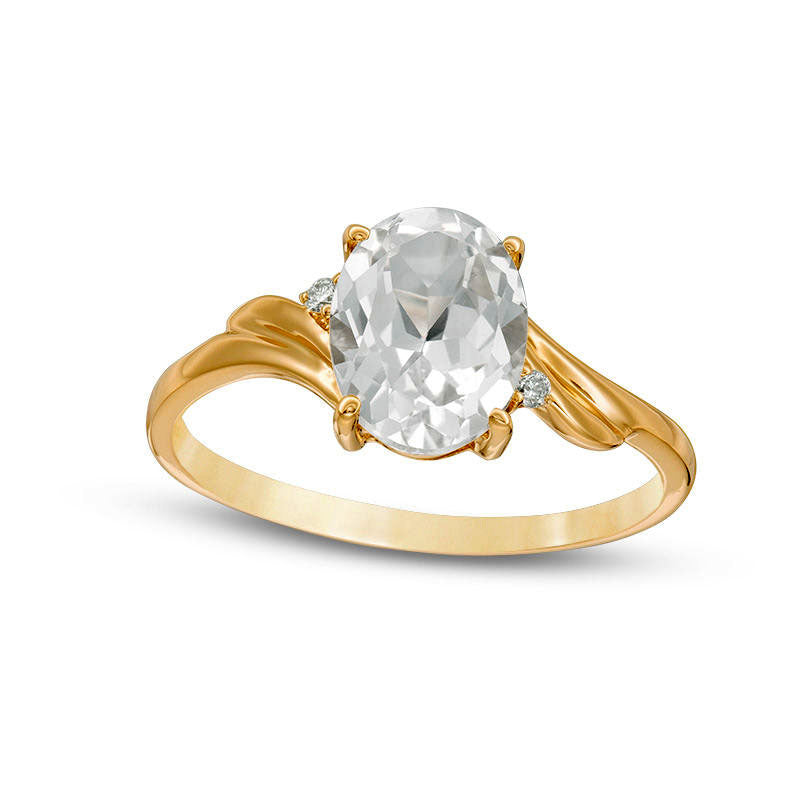 Oval Lab-Created White Sapphire and Diamond Accent Bypass Swirl Shank Ring in Solid 10K Yellow Gold