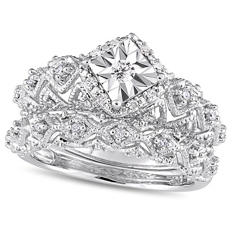 0.20 CT. T.W. Natural Diamond Tilted Square Frame Antique Vintage-Style Bridal Engagement Ring Set i