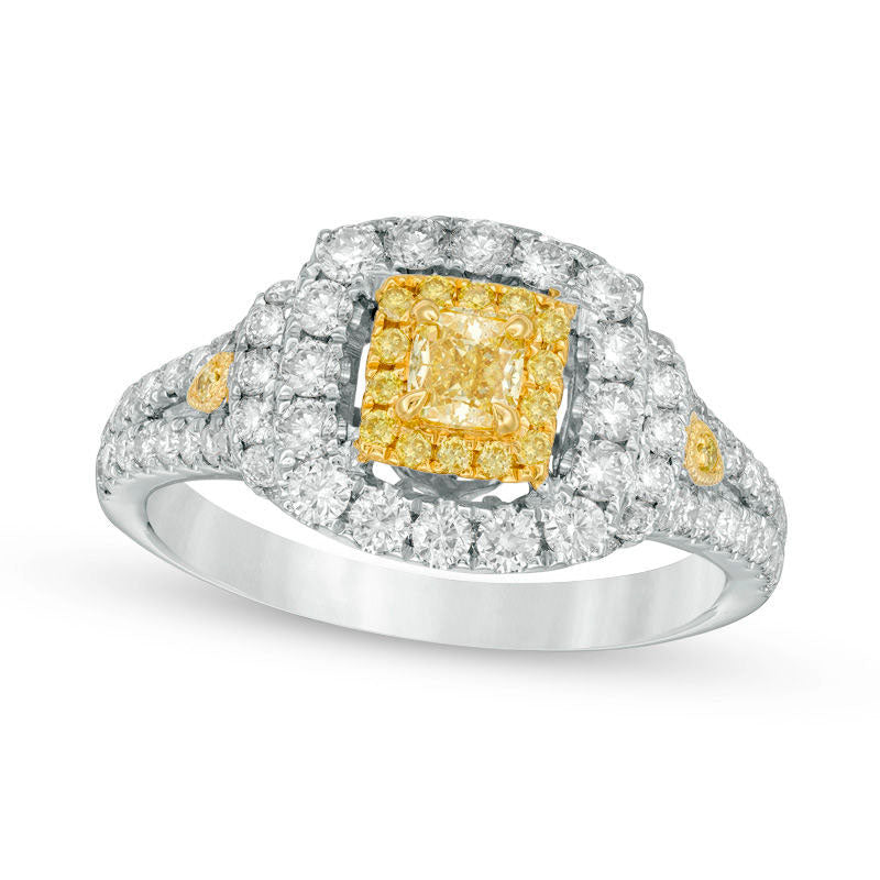 1.25 CT. T.W. Cushion-Cut Yellow and White Natural Diamond Double Frame Collar Engagement Ring in So