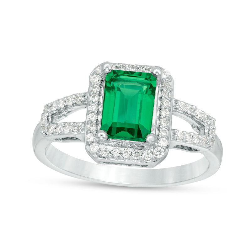 Emerald-Cut Lab-Created Emerald and 0.25 CT. T.W. Diamond Frame Open Shank Ring in Solid 10K White G