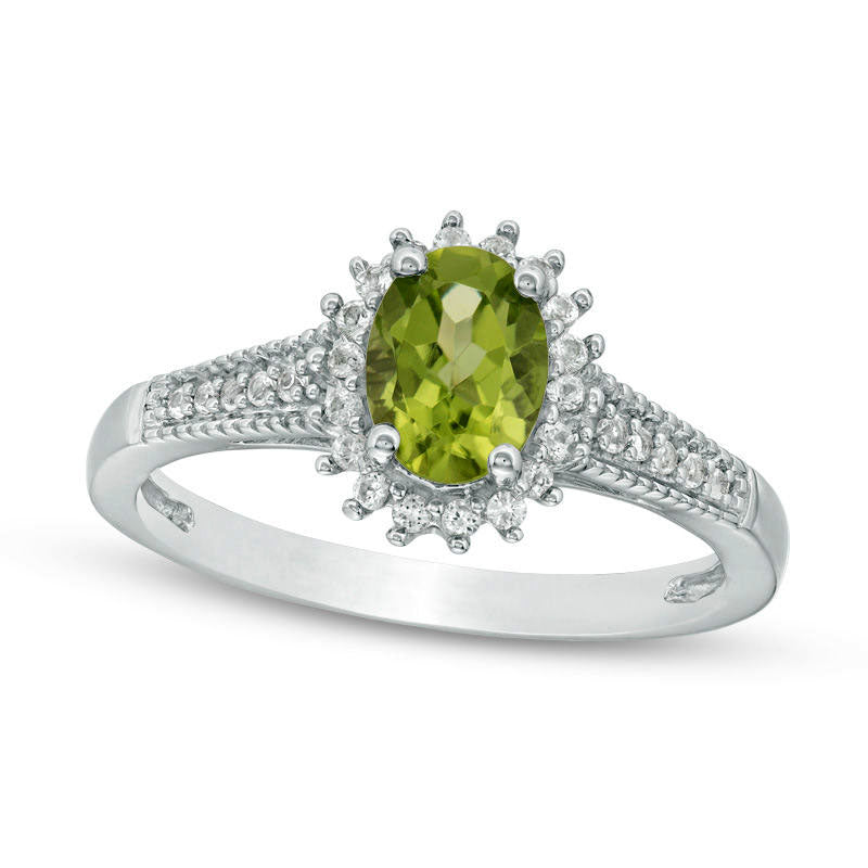 Oval Peridot and Lab-Created White Sapphire Starburst Frame Antique Vintage-Style Ring in Sterling S