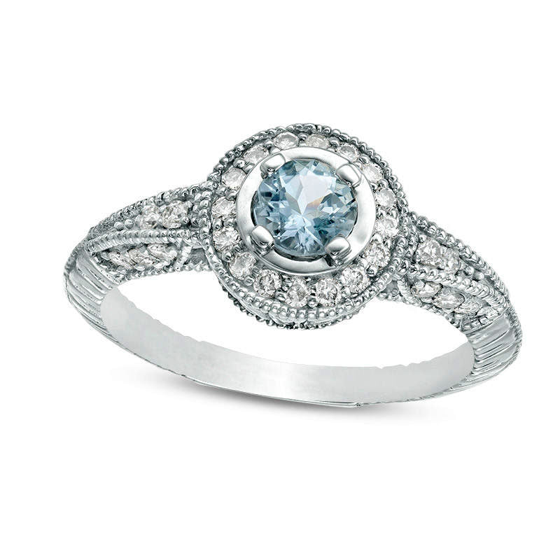 4.5mm Aquamarine and 0.33 CT. T.W. Natural Diamond Frame Antique Vintage-Style Ring in Solid 10K Whi