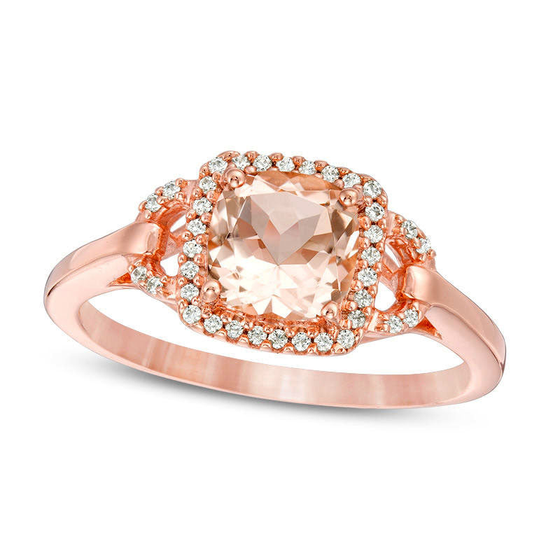 6.0mm Cushion-Cut Morganite and 0.13 CT. T.W. Natural Diamond Frame Buckle Engagement Ring in Solid 