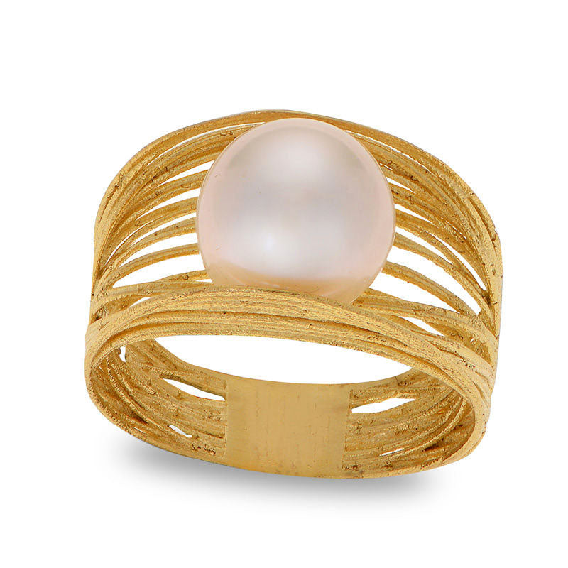 10.0 - 10.5mm Cultured Freshwater Pearl Multi-Row Concave Ring in Solid 14K Gold