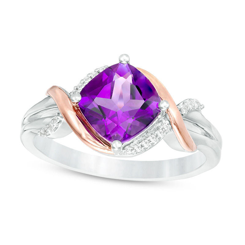 7.0mm Cushion-Cut Amethyst and 0.040.04 CT. T.W. Natural Diamond Overlay Frame Ring in Sterling Silv