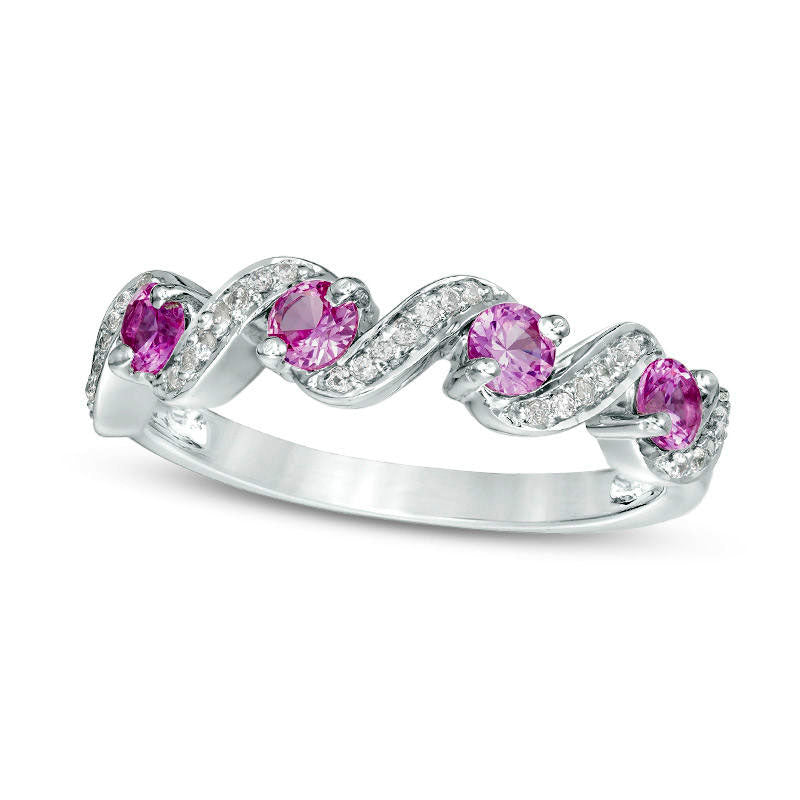 Lab-Created Pink Sapphire and 0.10 CT. T.W. Diamond Cascading Band in Sterling Silver