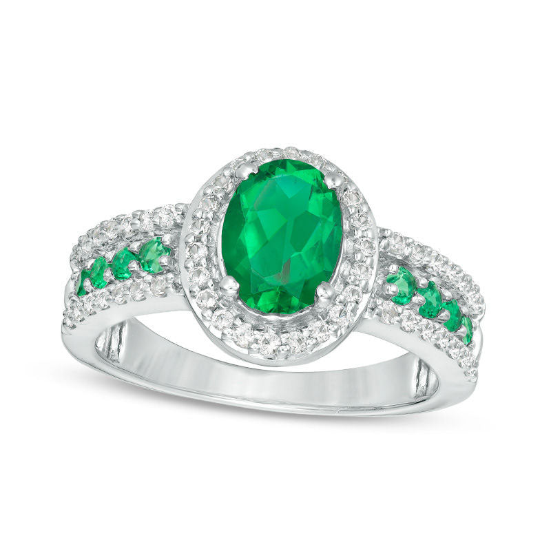 Oval Lab-Created Emerald and White Sapphire Frame Ring in Sterling Silver