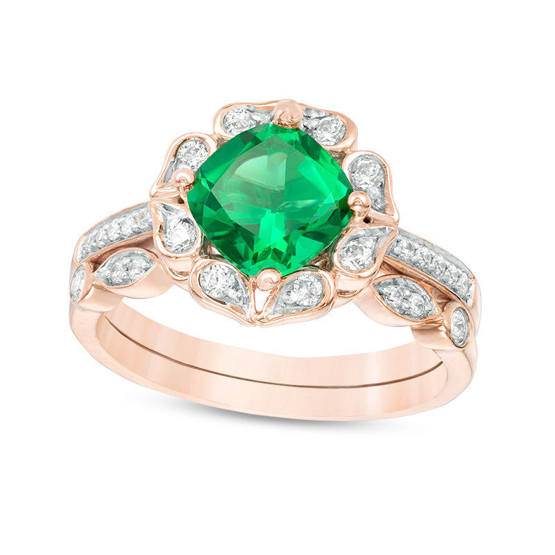 7.0mm Cushion-Cut Lab-Created Emerald and 0.33 CT. T.W. Diamond Flower Frame Bridal Engagement Ring 