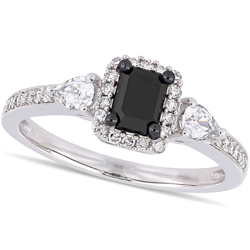 0.88 CT. T.W. Emerald-Cut Enhanced Black and White Sapphire Three Stone Frame Engagement Ring in Sol