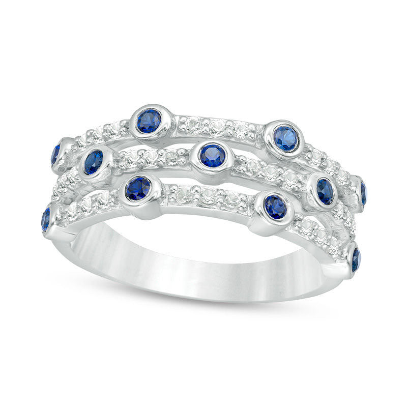 Bezel-Set Lab-Created Blue and White Sapphire Triple Row Orbit Ring in Sterling Silver