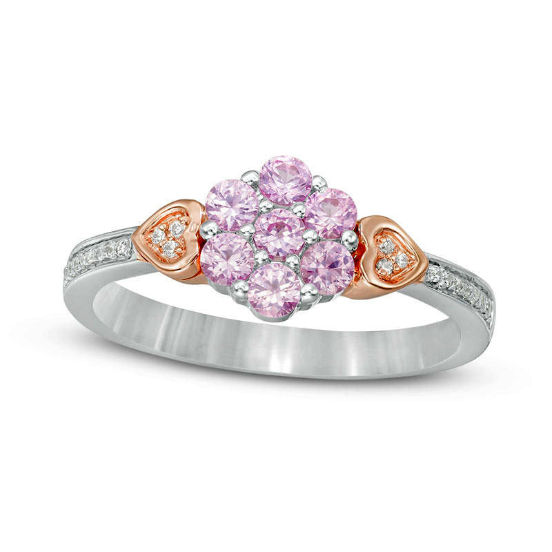 Lab-Created Pink Sapphire and 0.07 CT. T.W. Diamond Double Heart Flower Ring in Sterling Silver and 