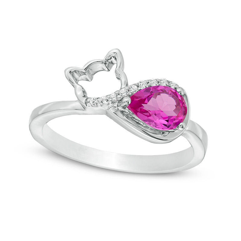 Pear-Shaped Lab-Created Pink and White Sapphire Sleeping Cat Ring in Sterling Silver