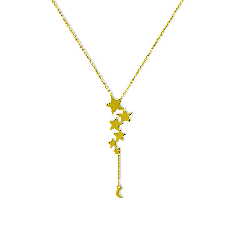 Star and Crescent Moon "Y" Necklace in 14K Gold