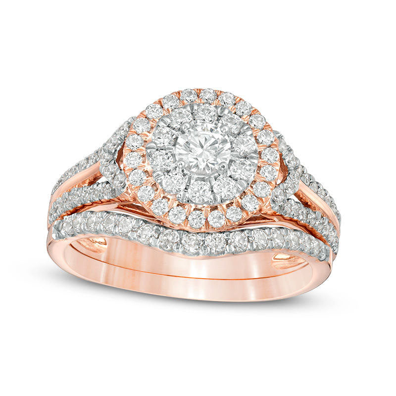 1.0 CT. T.W. Natural Diamond Double Frame Collar Bridal Engagement Ring Set in Solid 10K Rose Gold