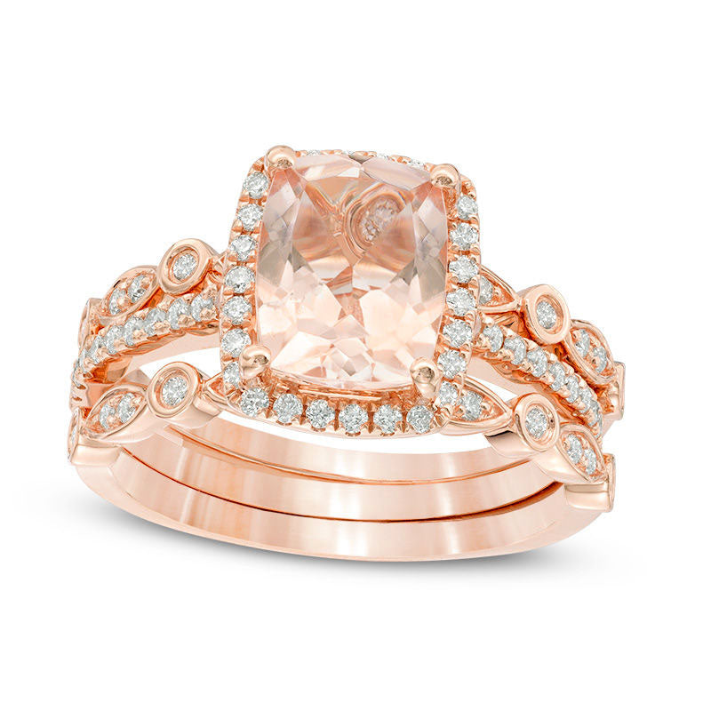 Morganite and 0.38 CT. T.W. Natural Diamond Frame Art Deco Three Piece Bridal Engagement Ring Set in