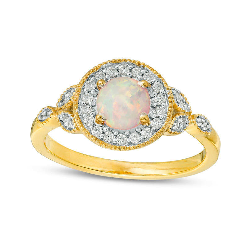 5.5mm Lab-Created Opal and 0.13 CT. T.W. Diamond Frame Antique Vintage-Style Ring in Solid 10K Yello