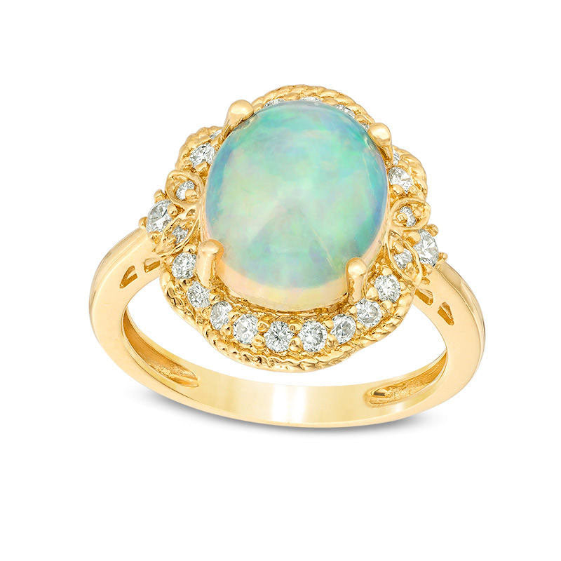 Oval Opal and 0.33 CT. T.W. Natural Diamond Rope Frame with Leaf Accents Ring in Solid 14K Gold