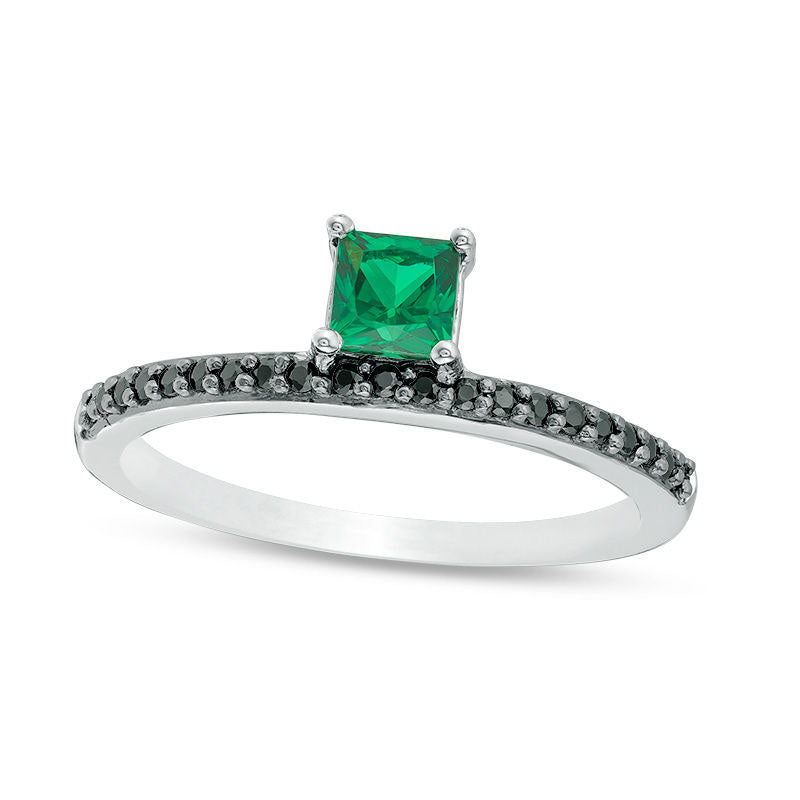 Princess-Cut Lab-Created Emerald and 0.10 CT. T.W. Enhanced Black Diamond Ring in Sterling Silver