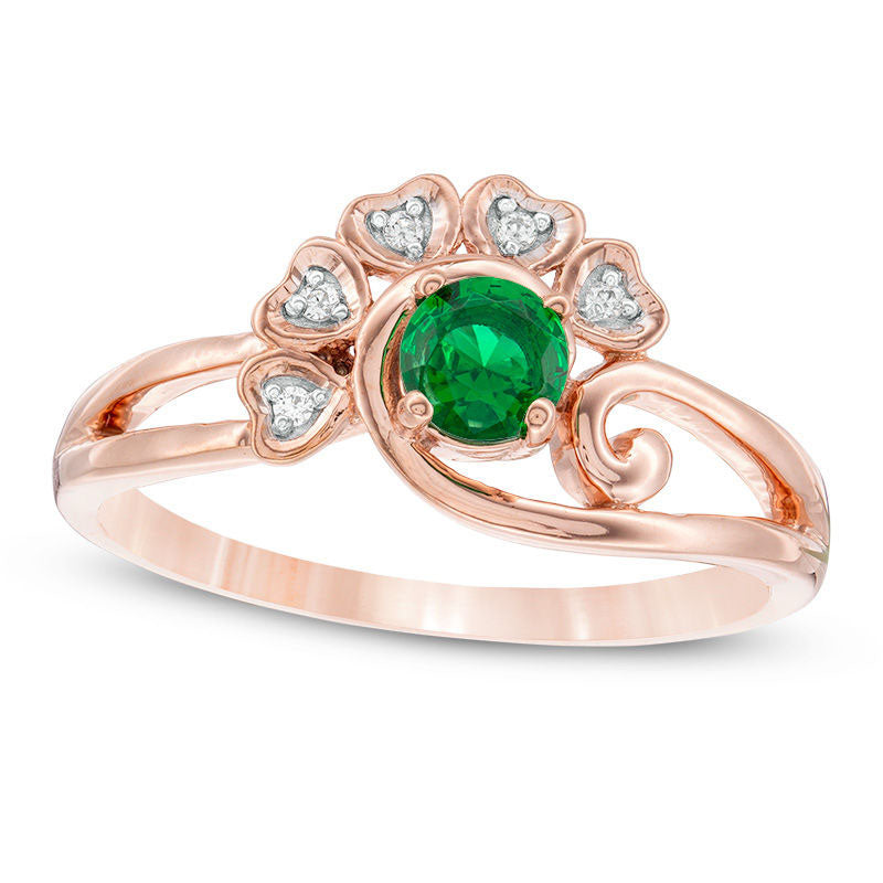 4.0mm Lab-Created Emerald and Diamond Accent Heart Frame Swirling Split Shank Promise Ring in Solid 