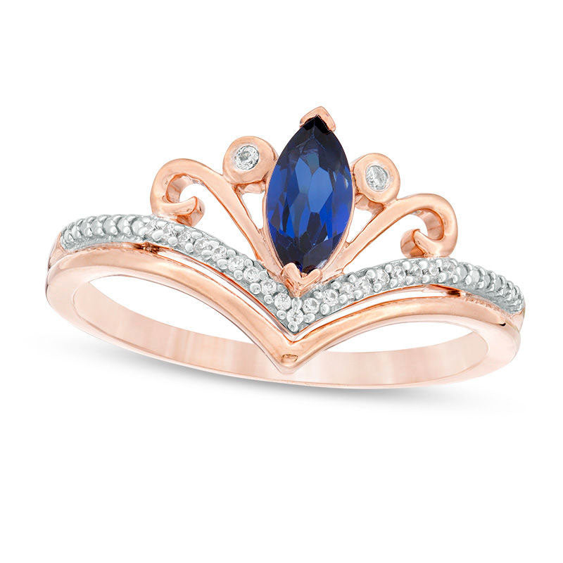 Marquise Lab-Created Blue Sapphire and 0.05 CT. T.W. Diamond Scroll Accent Chevron Promise Ring in S