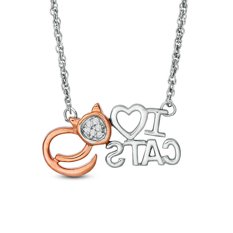 Natural Diamond Accent "I Heart CATS" Necklace in Sterling Silver and 10K Rose Gold - 17.5