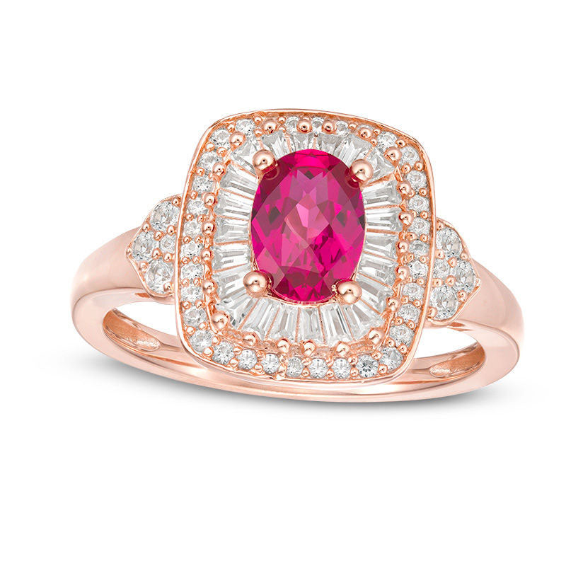 Oval Lab-Created Ruby and White Sapphire Cushion Frame Ring in Sterling Silver with Solid 14K Rose G