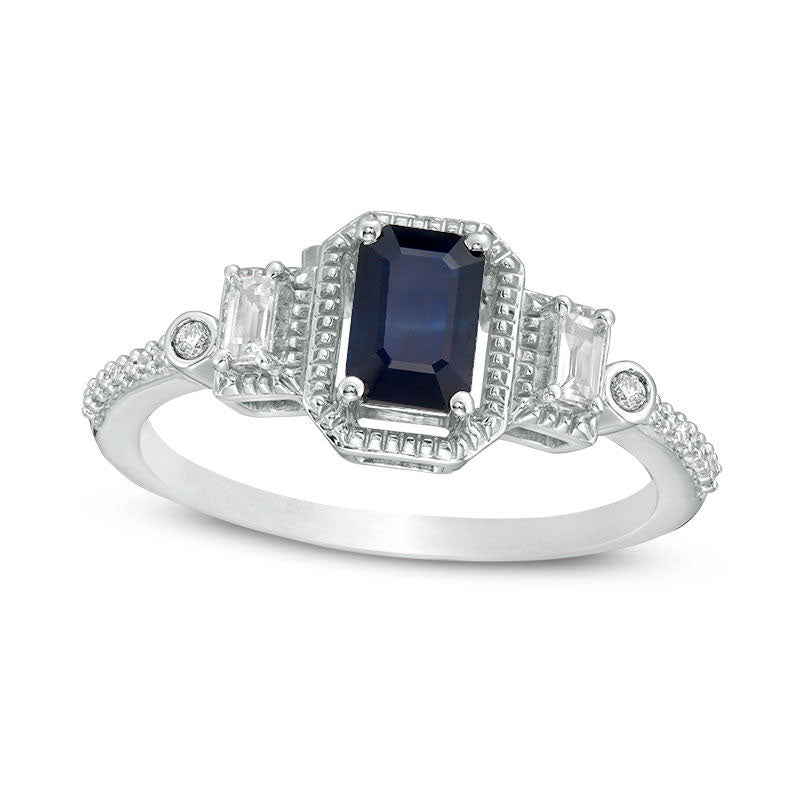 Emerald-Cut Blue and White Sapphire with 0.05 CT. T.W. Natural Diamond Bead Frame Three Stone Art De