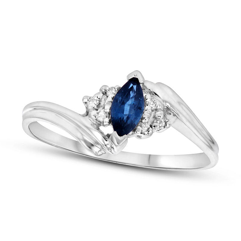 Marquise Blue Sapphire and 0.05 CT. T.W. Natural Diamond Tri-Sides Bypass Ring in Solid 14K White Go