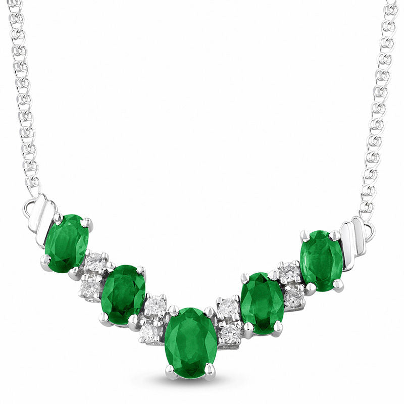 Alternating Oval Emerald and 0.2 CT. T.W. Natural Diamond Chevron Necklace in 14K White Gold - 17.33