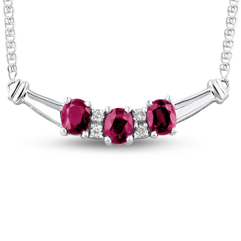 Oval Ruby and 0.07 CT. T.W. Natural Diamond Three Stone Curved Bar Necklace in 14K White Gold - 17.2