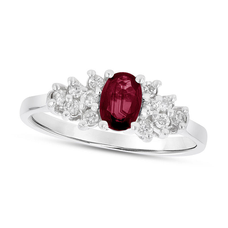 Oval Ruby and 0.17 CT. T.W. Natural Diamond Triangle Side Clusters Ring in Solid 14K White Gold