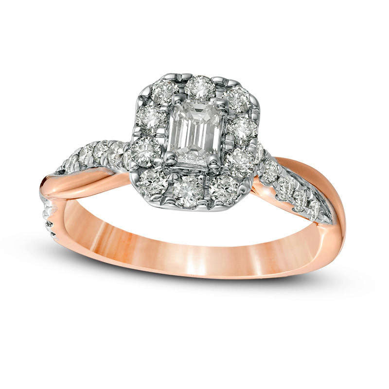 0.88 CT. T.W. Emerald-Cut Natural Diamond Frame Twist Shank Engagement Ring in Solid 10K Rose Gold