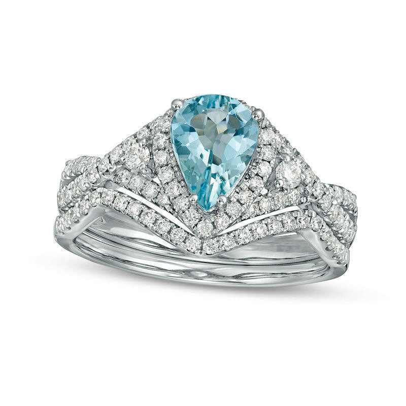 Pear-Shaped Aquamarine and 0.38 CT. T.W. Natural Diamond Frame Twist Shank Bridal Engagement Ring Se